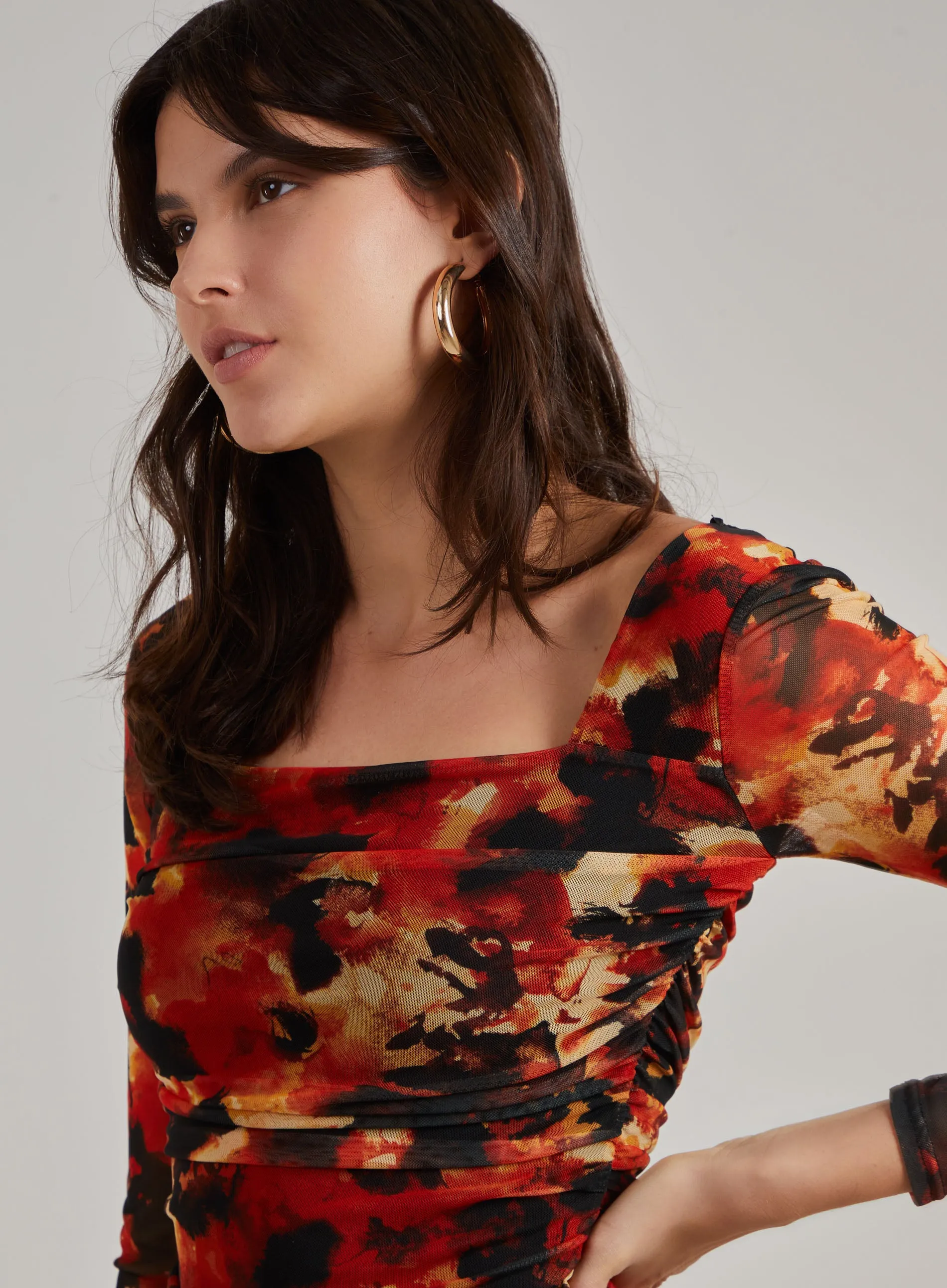Ruched Smudge Print Long Sleeved Dress