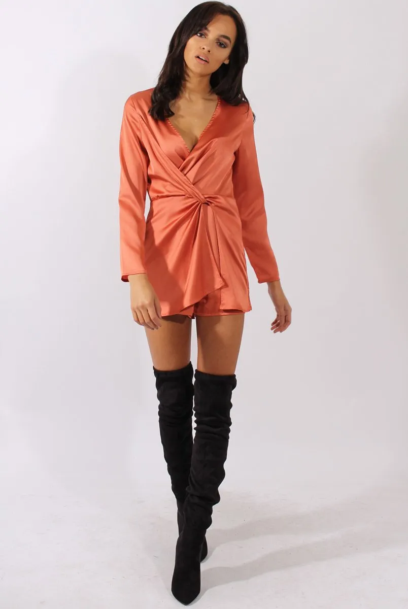Rust Silky Front Twist Playsuit - Venus