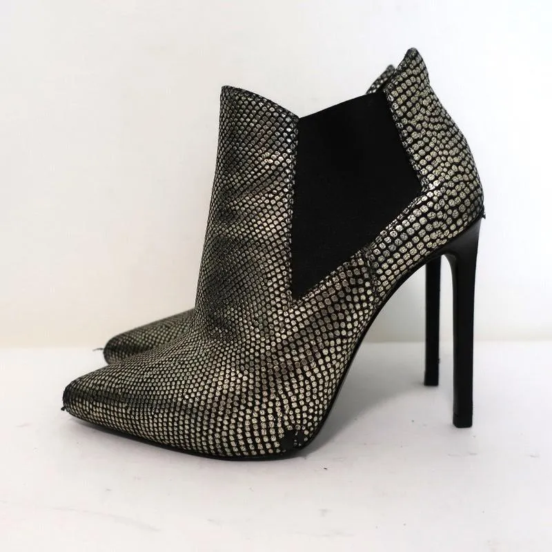 Saint Laurent Paris Pointed Toe Booties Gold Snake-Print Leather Size 35.5
