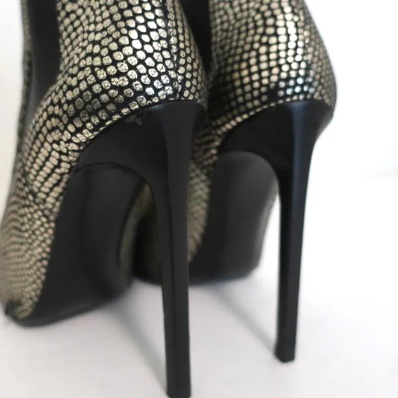 Saint Laurent Paris Pointed Toe Booties Gold Snake-Print Leather Size 35.5