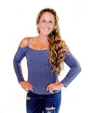 Seamless Cold Shoulder Top- Heather Blue