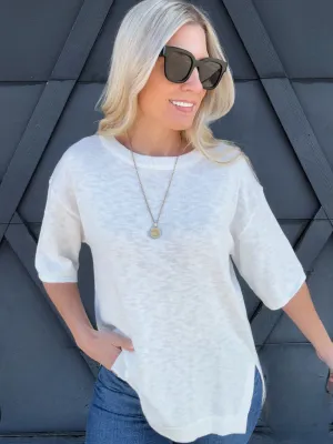 Short Sleeve Cotton Slub Top In Off White