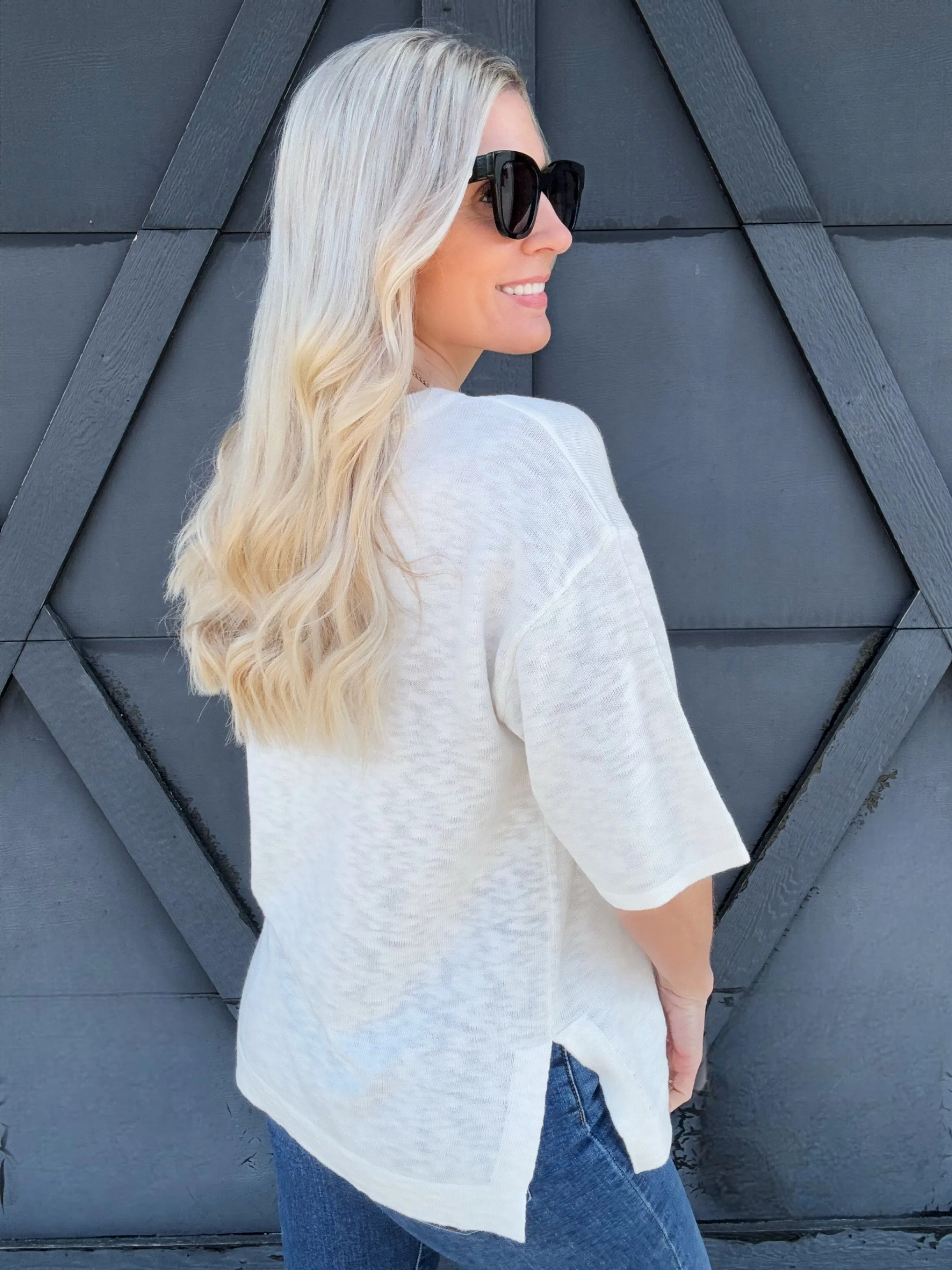 Short Sleeve Cotton Slub Top In Off White