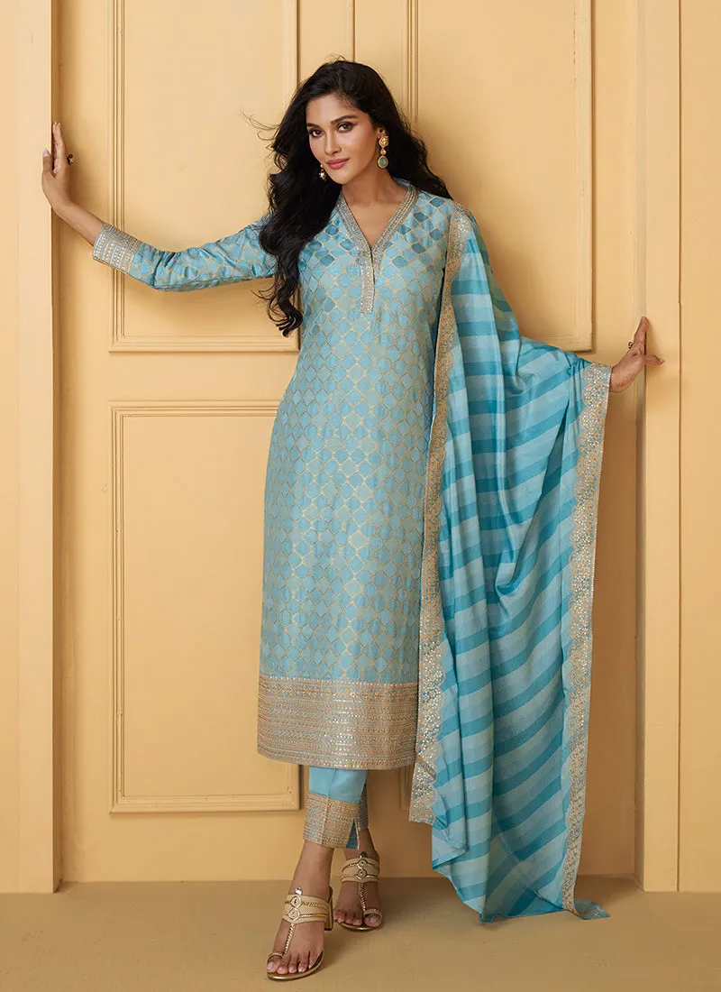 Sky Blue Traditional Embroidery Silk Salwar Kameez Suit