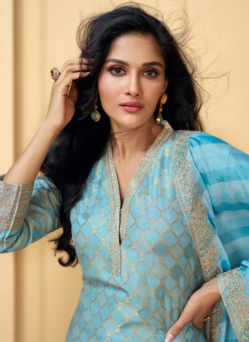 Sky Blue Traditional Embroidery Silk Salwar Kameez Suit