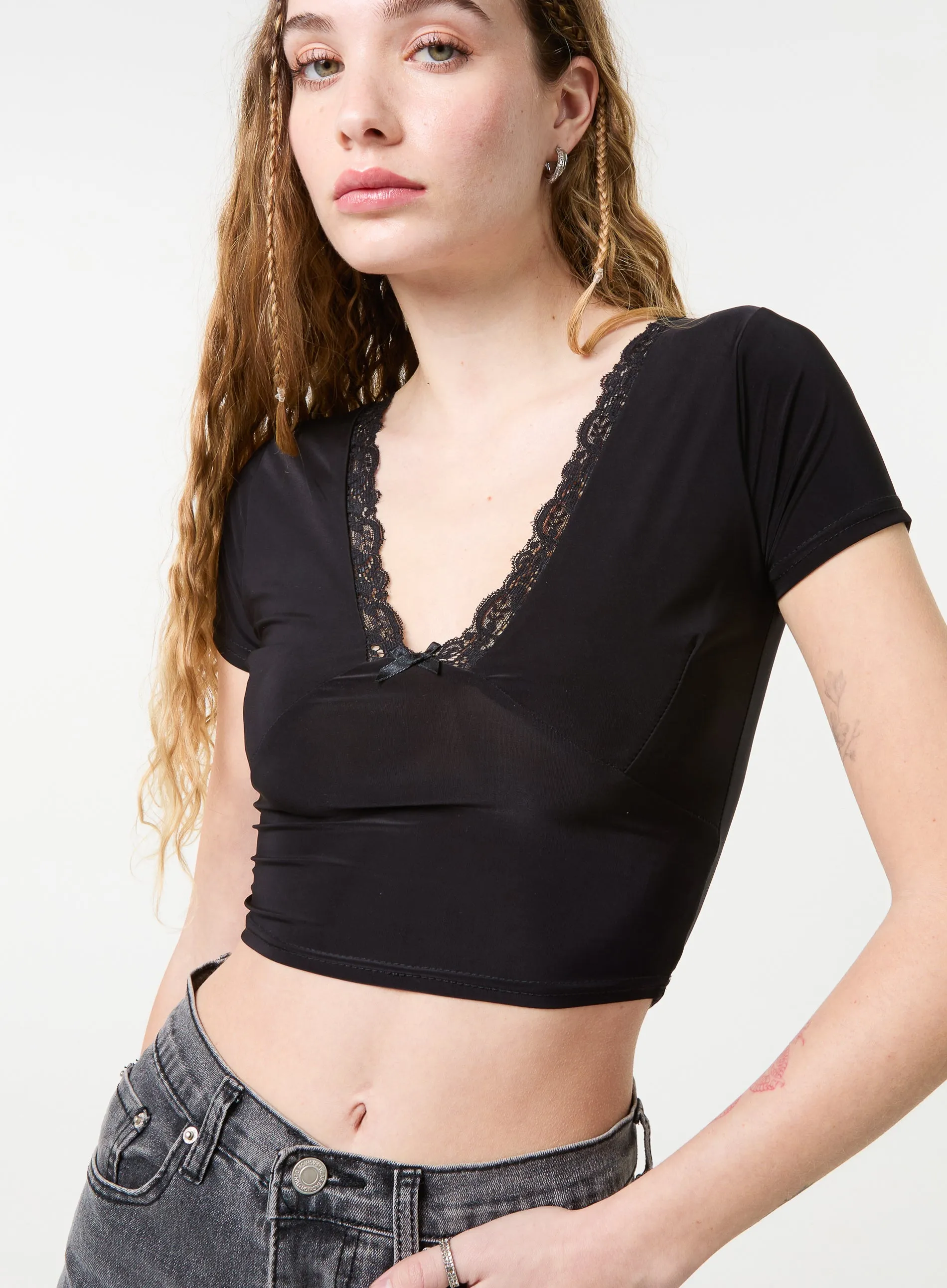 Slinky V Neck Top With Lace Trim