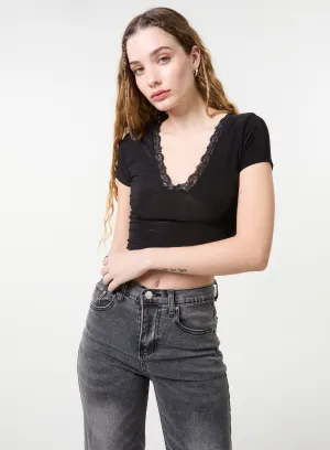 Slinky V Neck Top With Lace Trim