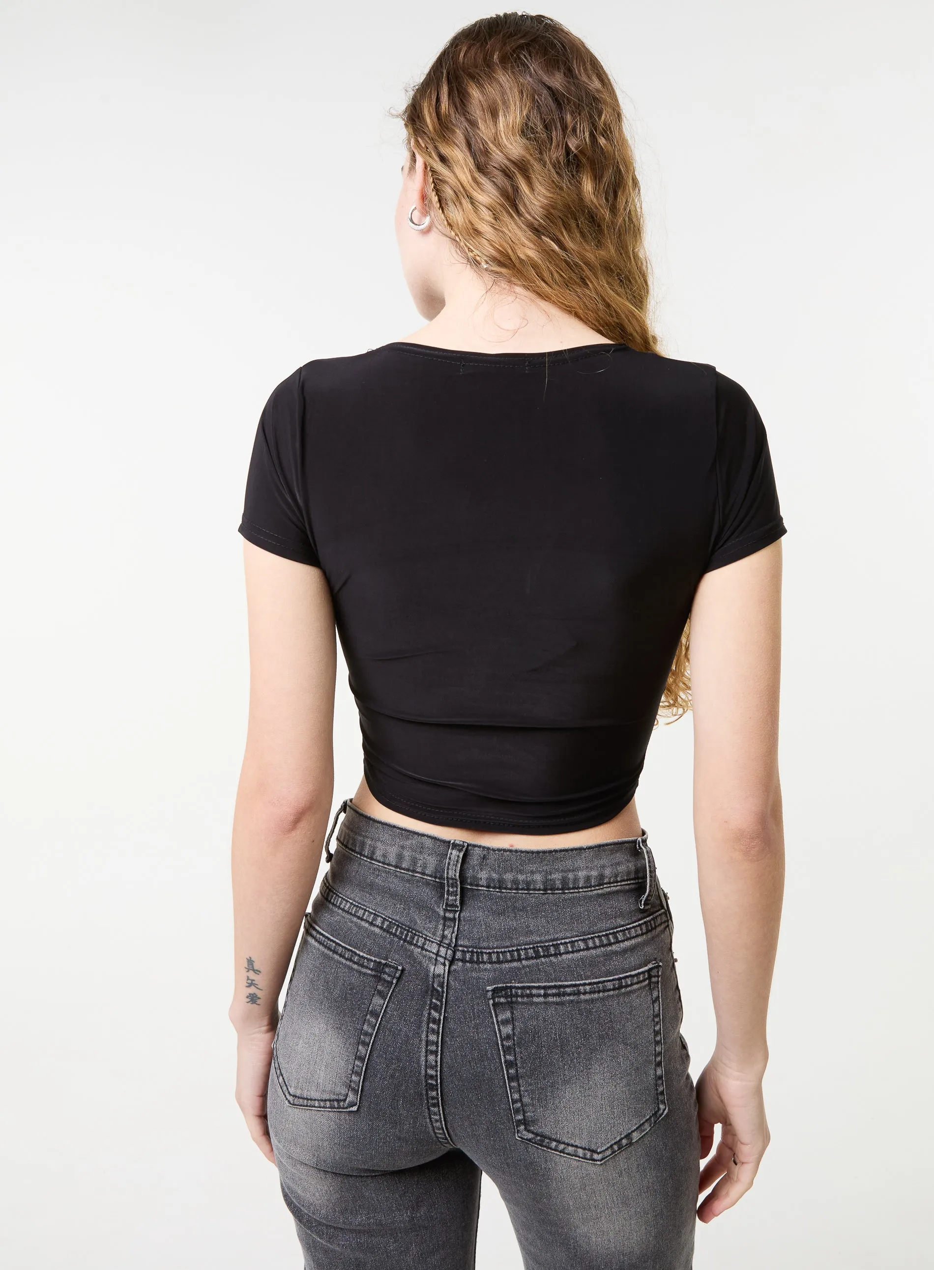 Slinky V Neck Top With Lace Trim