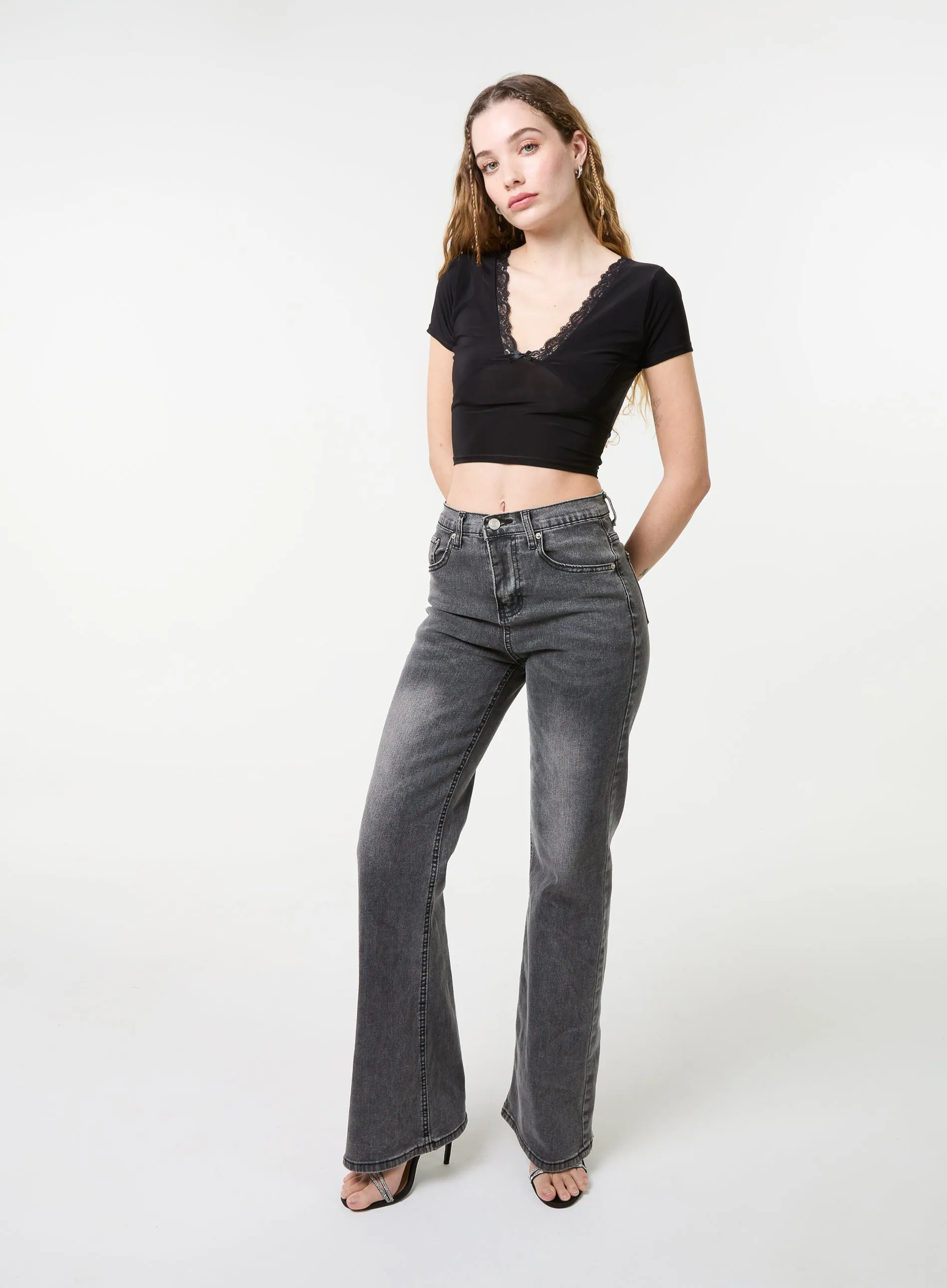 Slinky V Neck Top With Lace Trim
