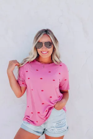 Smooches Embroidered Lip Tee - Berry