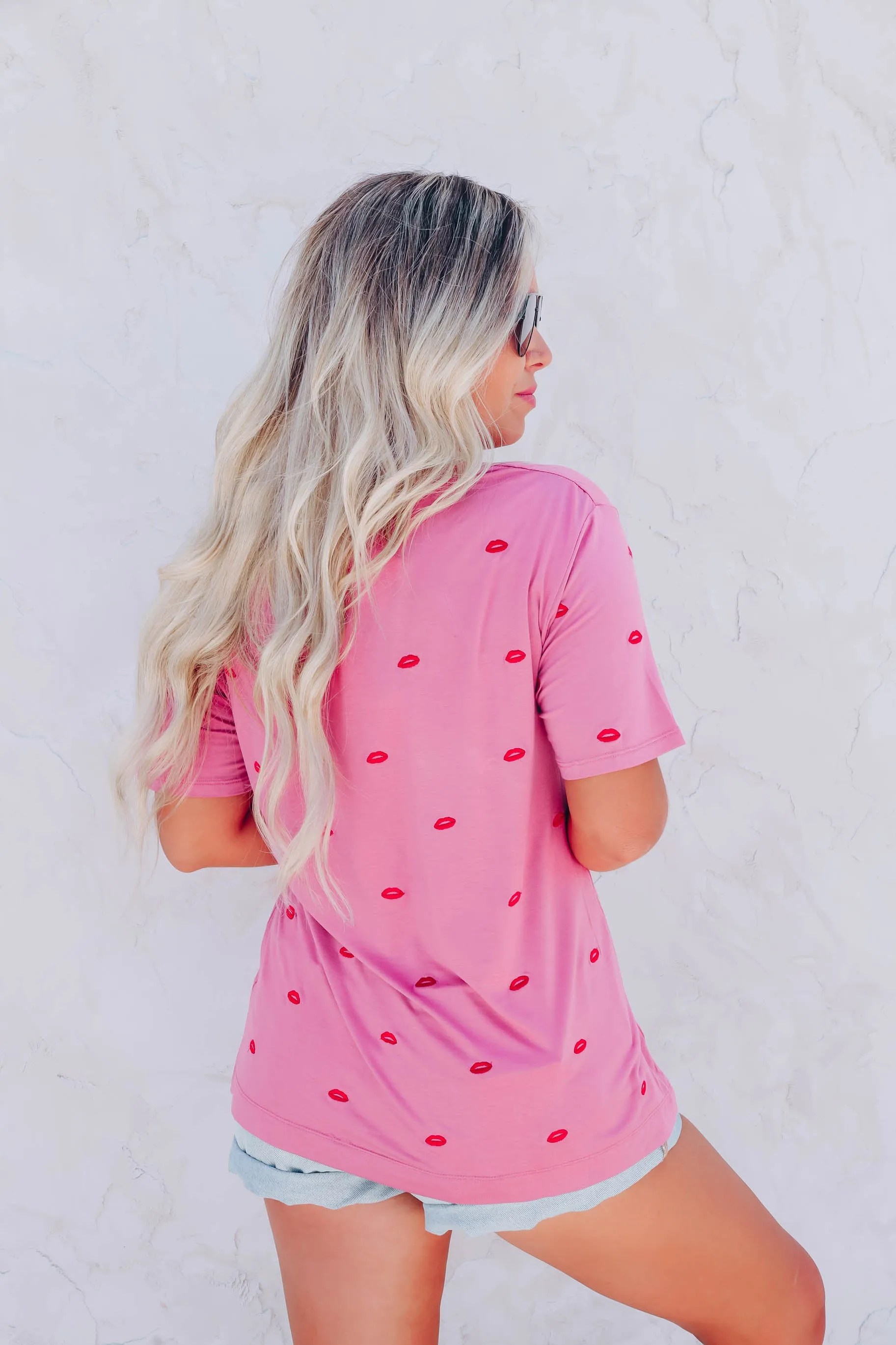 Smooches Embroidered Lip Tee - Berry