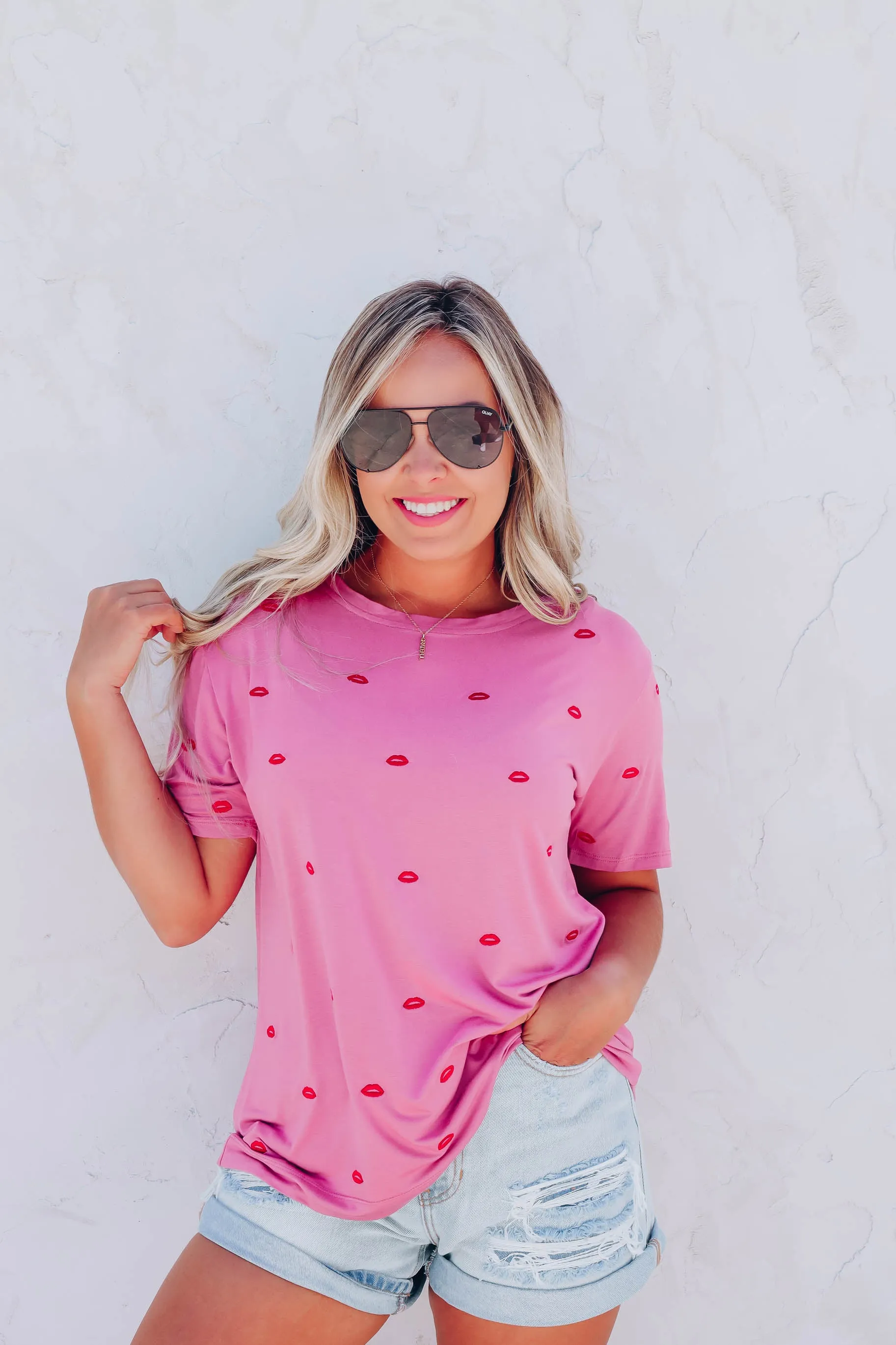 Smooches Embroidered Lip Tee - Berry