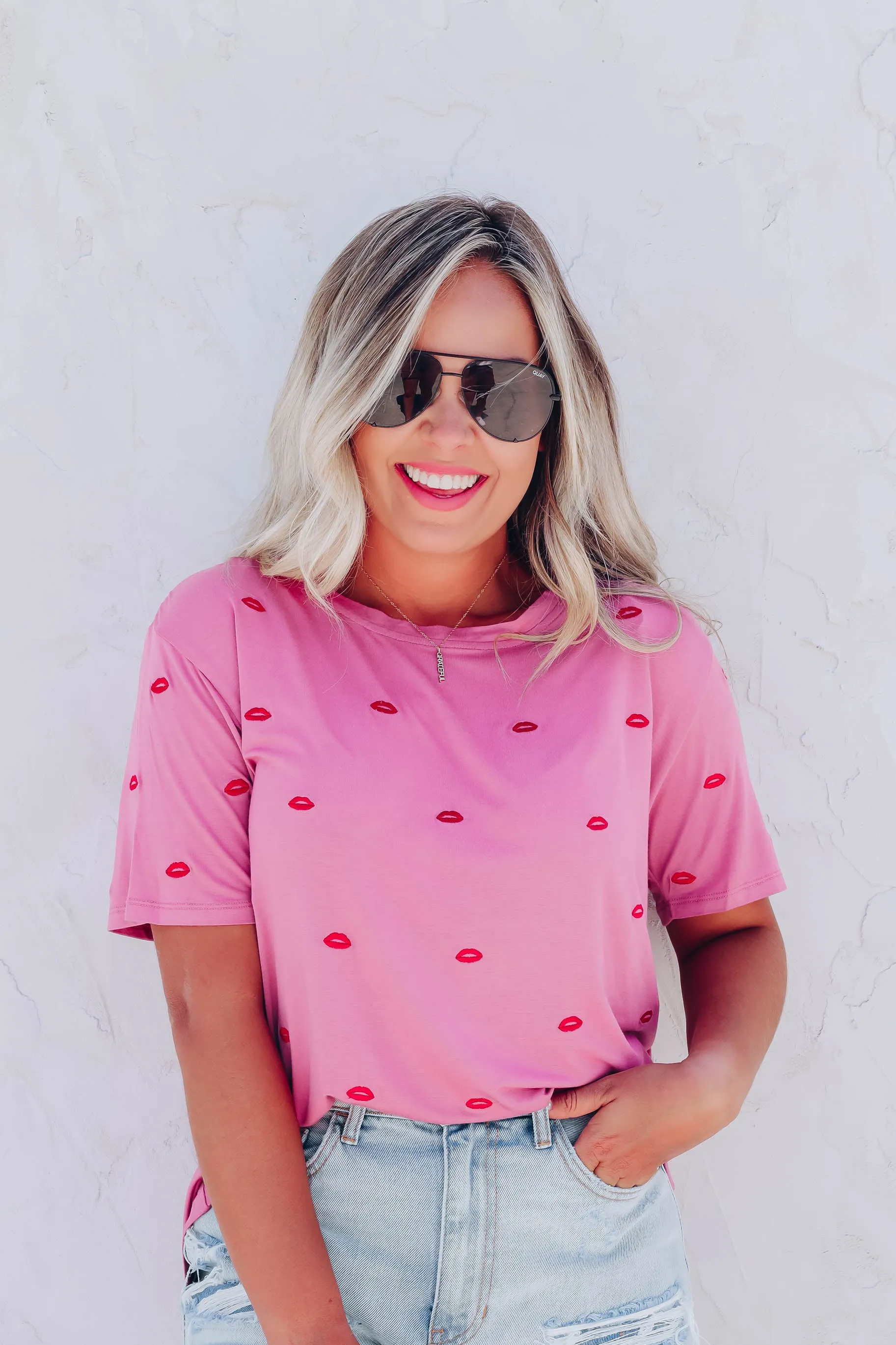 Smooches Embroidered Lip Tee - Berry