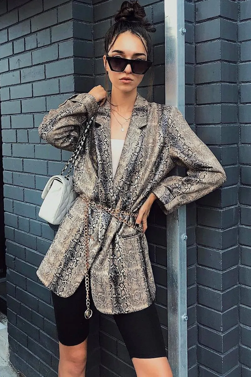 Snake Print Coated Longline Blazer - Avilyn