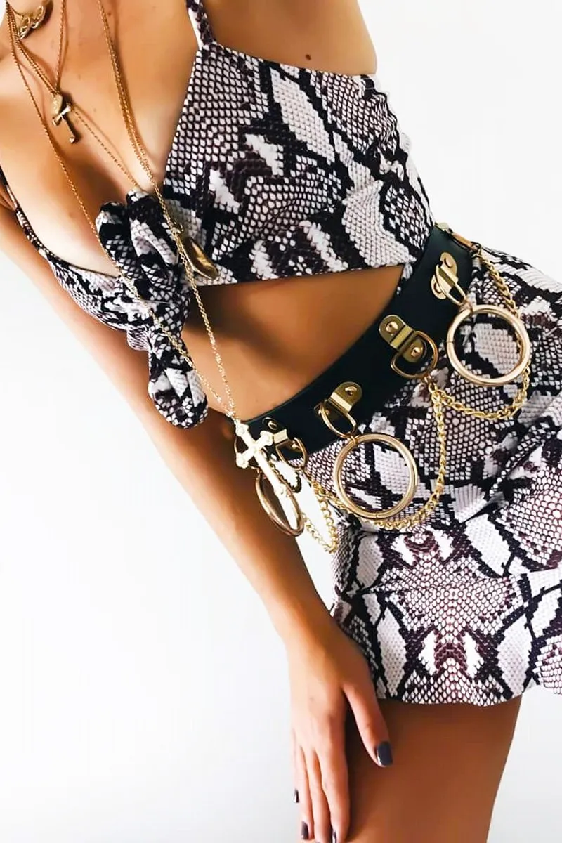 Snake Print Tie Front Ruffle Hem Dress - Cristabella