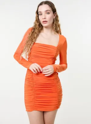 Square Neck Long Sleeve Gathered Mini Dress