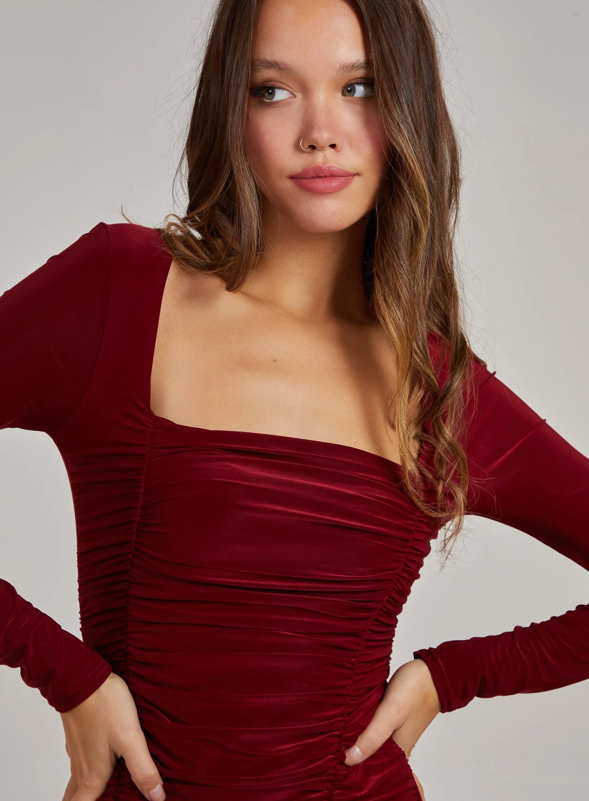 Square Neck Long Sleeve Gathered Mini Dress
