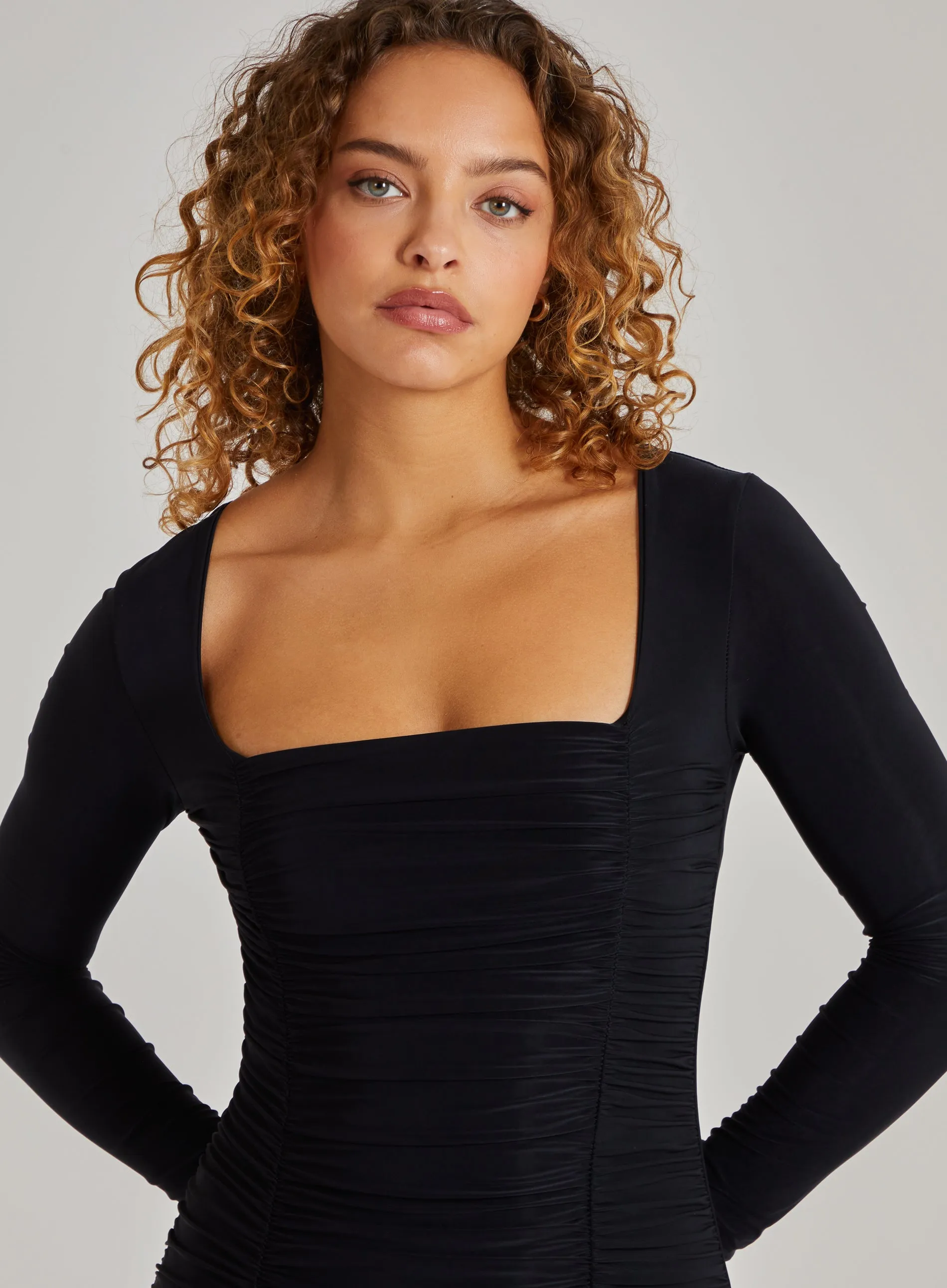 Square Neck Long Sleeve Gathered Mini Dress