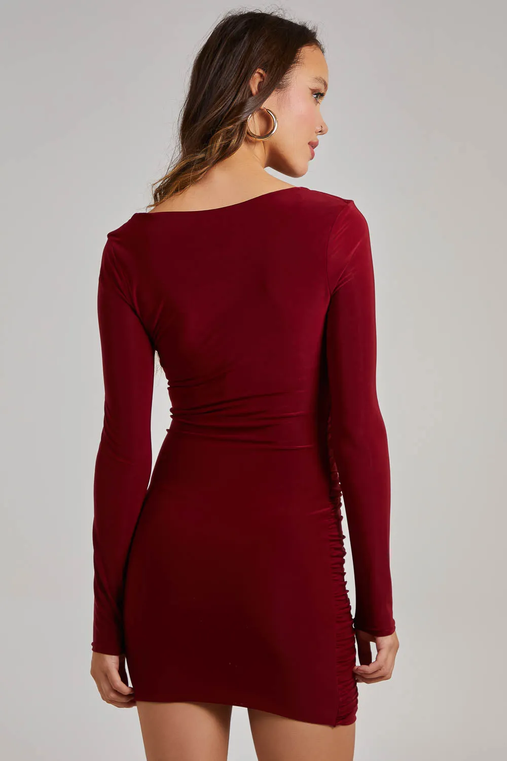 Square Neck Long Sleeve Gathered Mini Dress