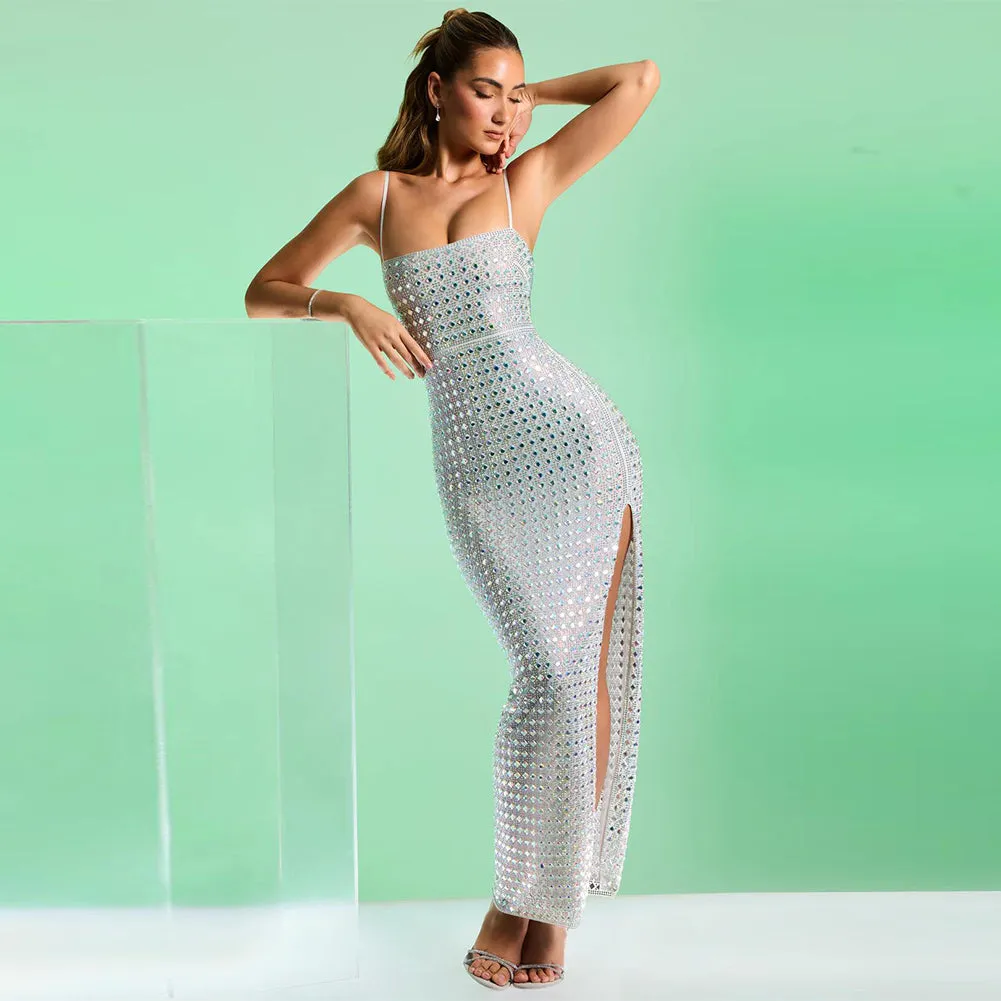 Strappy Sleeveless Rhinestone Maxi Bodycon Dress HL9572