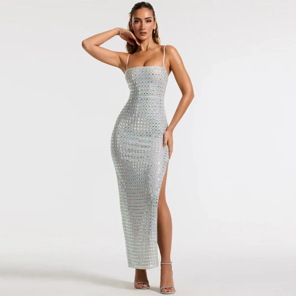 Strappy Sleeveless Rhinestone Maxi Bodycon Dress HL9572
