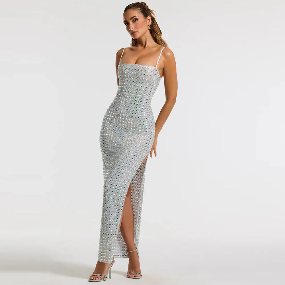 Strappy Sleeveless Rhinestone Maxi Bodycon Dress HL9572