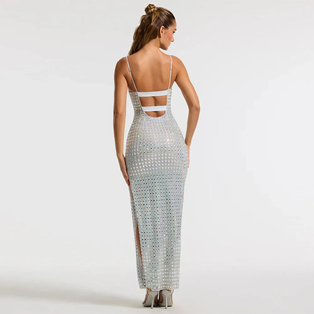 Strappy Sleeveless Rhinestone Maxi Bodycon Dress HL9572
