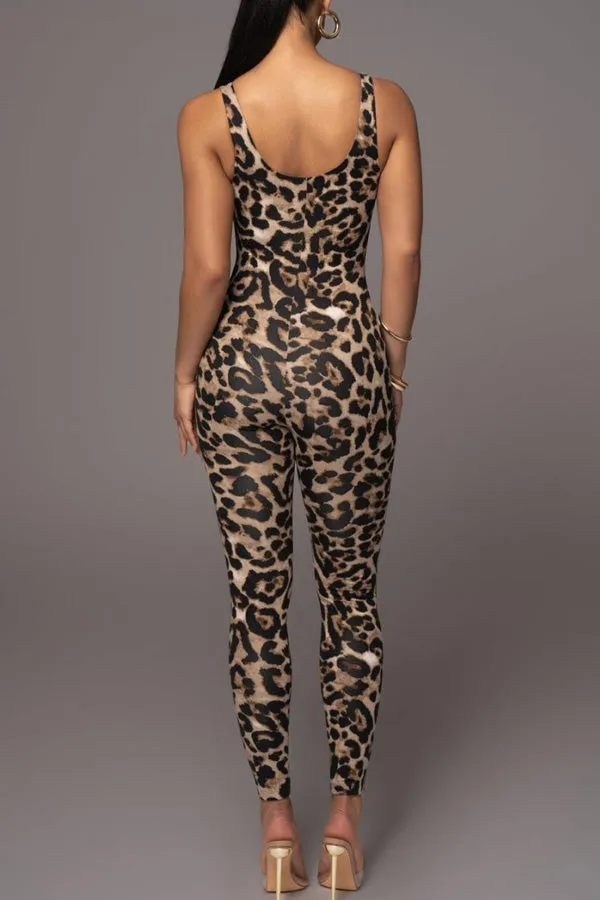 Stretch Leopard Low-Cut Skinny Jumpsuit