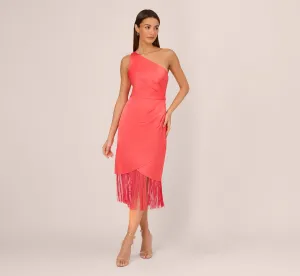 Stretch Satin One Shoulder Midi Dress With Fringe Skirt In Spicy Coral
