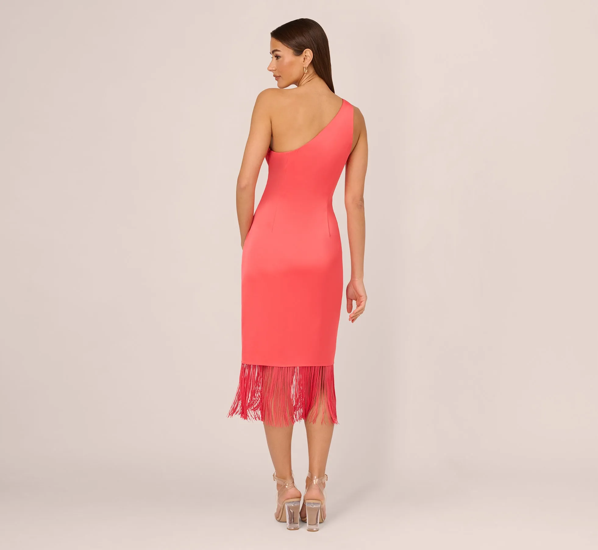 Stretch Satin One Shoulder Midi Dress With Fringe Skirt In Spicy Coral