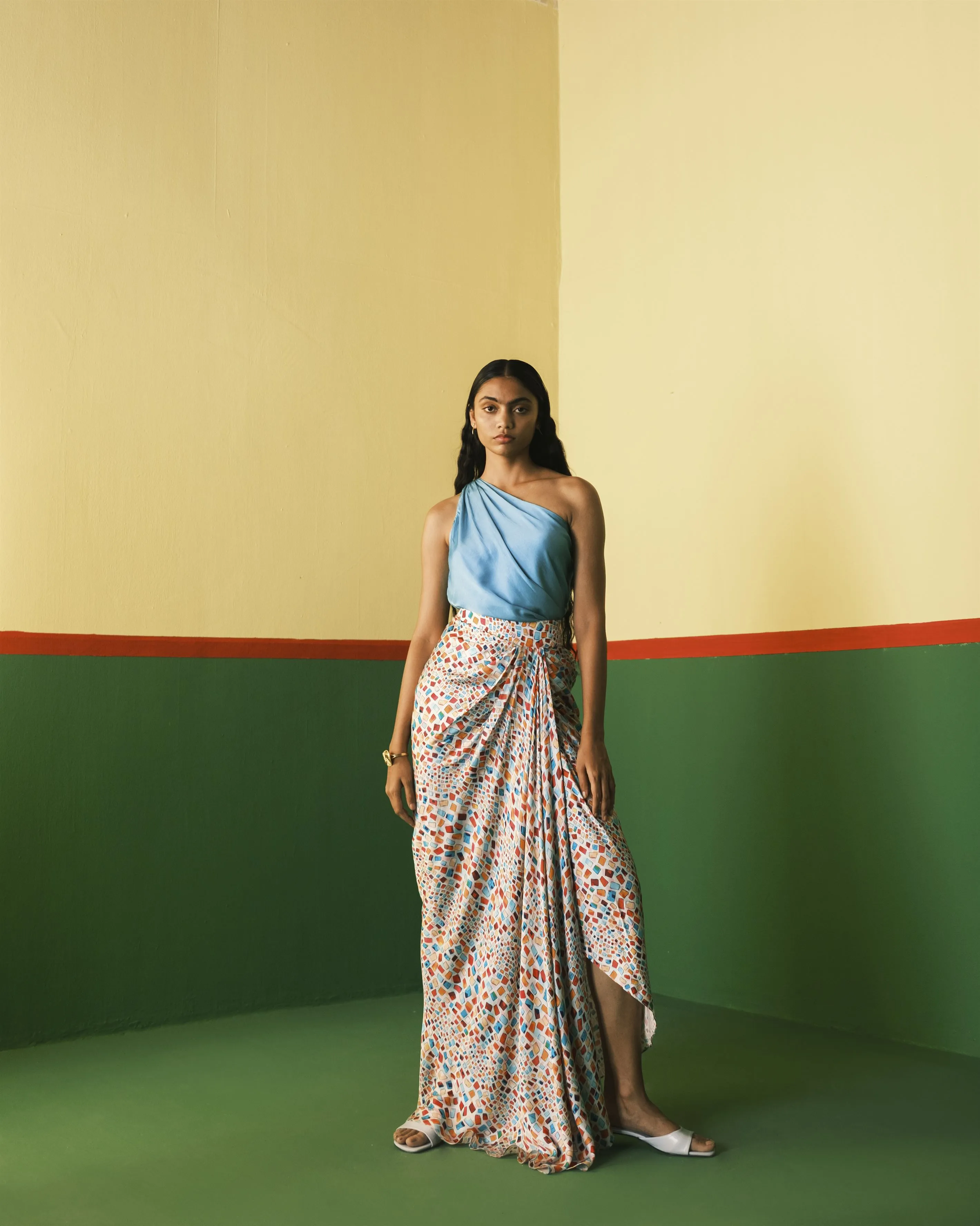 Studio Rigu   I   Blue Toga Top With Crystal Draped Skirt Plain Hand Dyed  With Digital Printing,Vegan Silk Crystal Digital Print Srch042