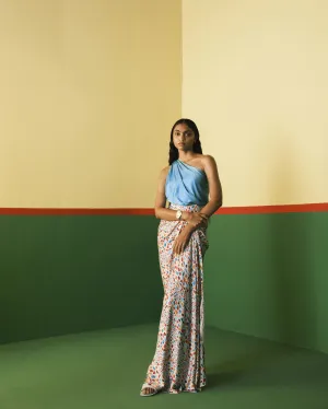 Studio Rigu   I   Blue Toga Top With Crystal Draped Skirt Plain Hand Dyed  With Digital Printing,Vegan Silk Crystal Digital Print Srch042