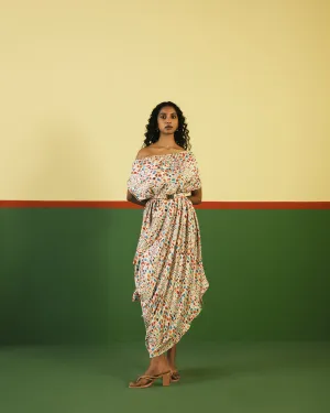 Studio Rigu   I   Crystal Draped Dress With Belt Digitally Printed Vegan Silk Crystal Digital Print Srch041