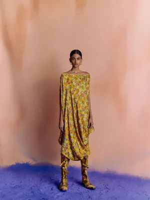 Studio Rigu   I   Womenswear, Western Morton Draped Dress Yellow Base With Small Flower In Red /Pink/ Blue  Srdd041