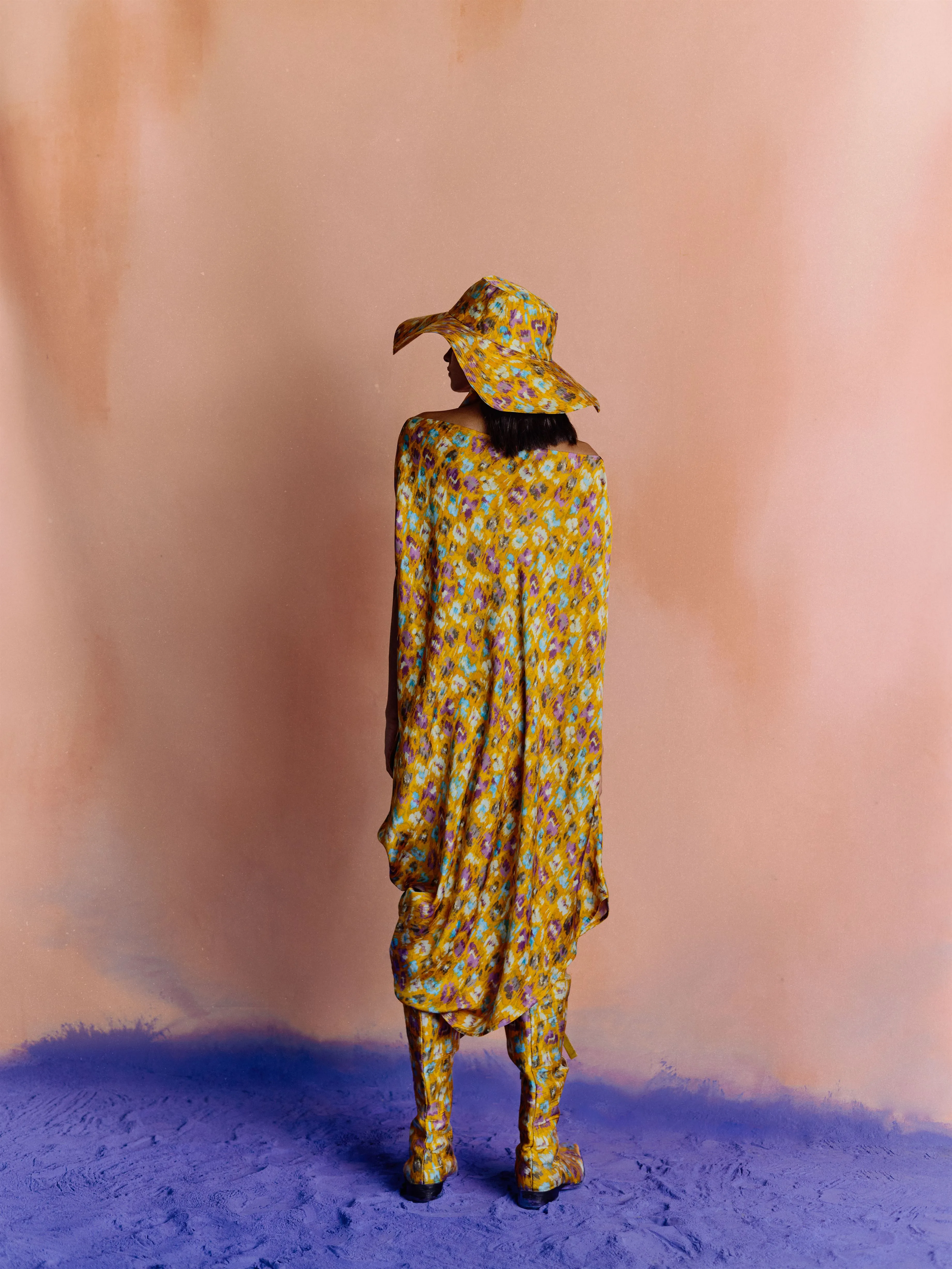 Studio Rigu   I   Womenswear, Western Morton Draped Dress Yellow Base With Small Flower In Red /Pink/ Blue  Srdd041