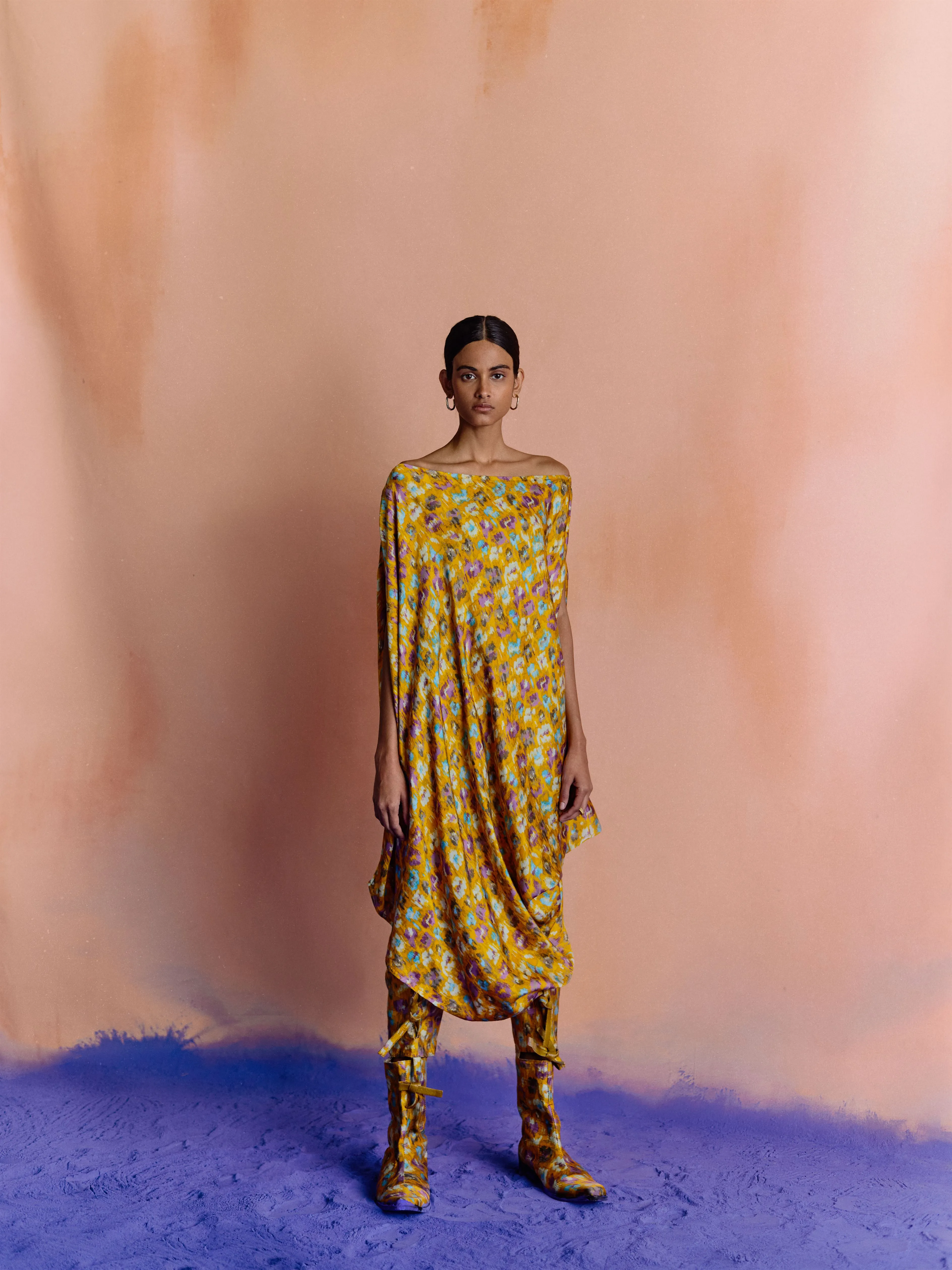 Studio Rigu   I   Womenswear, Western Morton Draped Dress Yellow Base With Small Flower In Red /Pink/ Blue  Srdd041