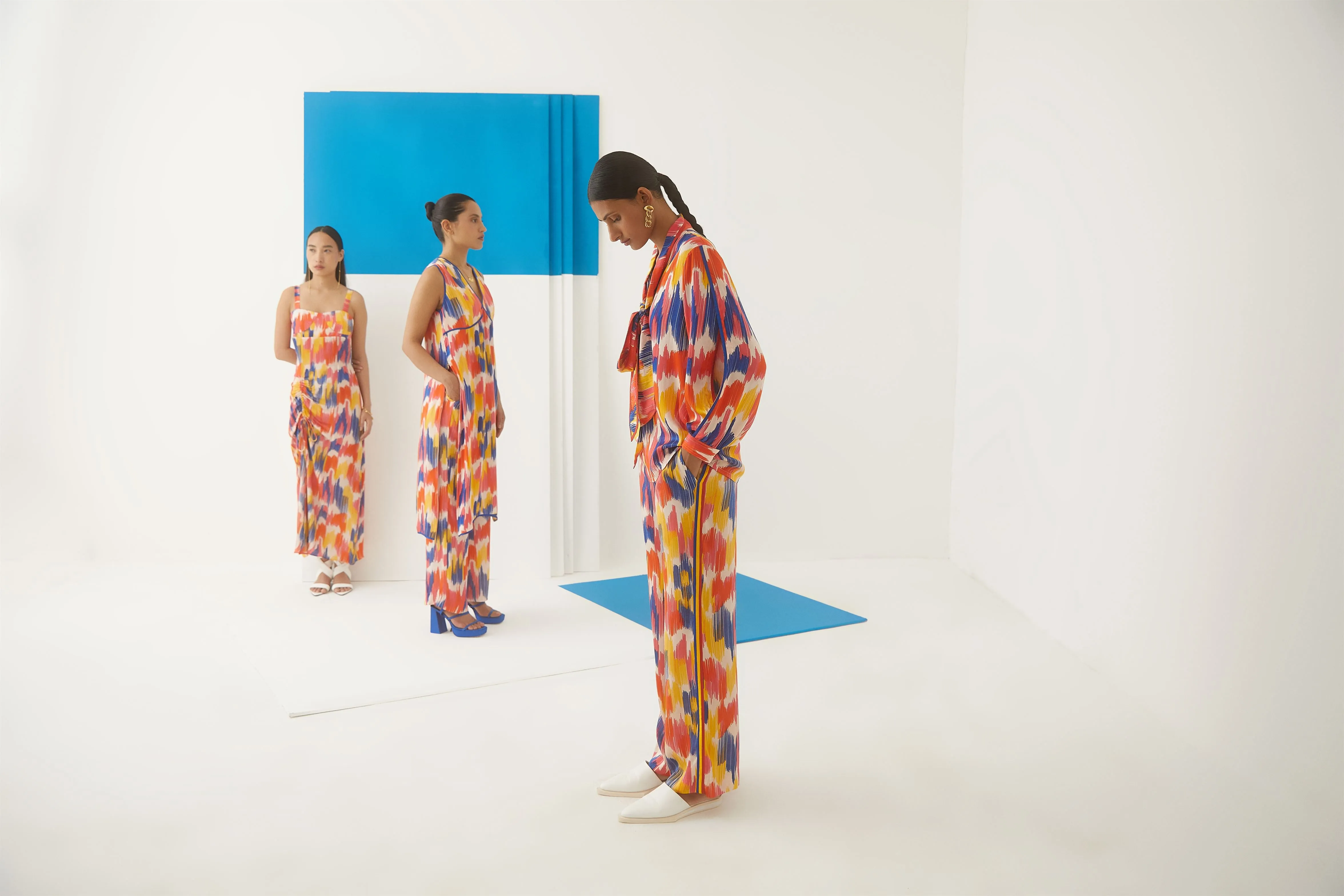 Studio Rigu Italyanskaya Ikat Shirt Front Knot Trousers Digital Print Vegan Silk Arcadia Collection