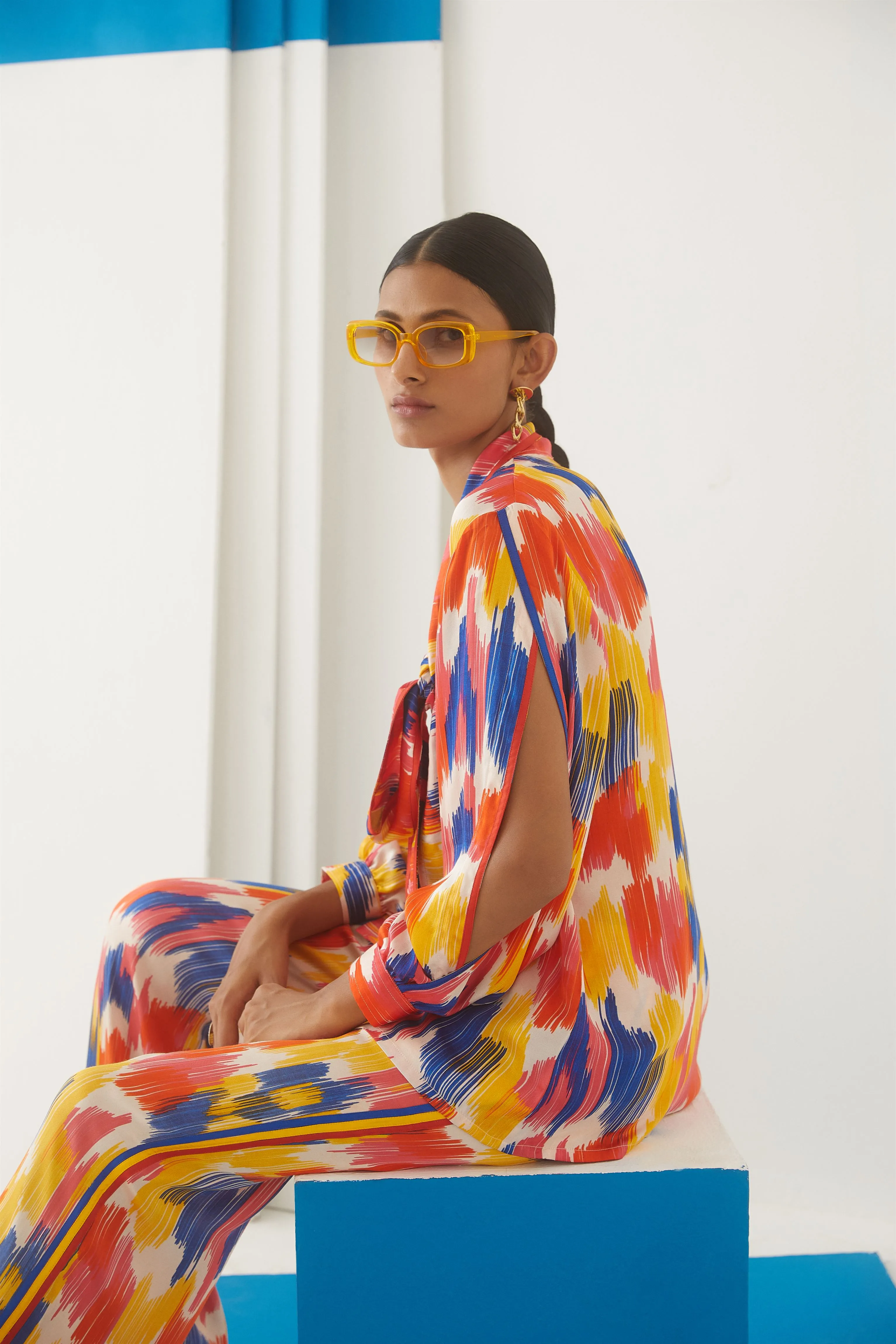 Studio Rigu Italyanskaya Ikat Shirt Front Knot Trousers Digital Print Vegan Silk Arcadia Collection