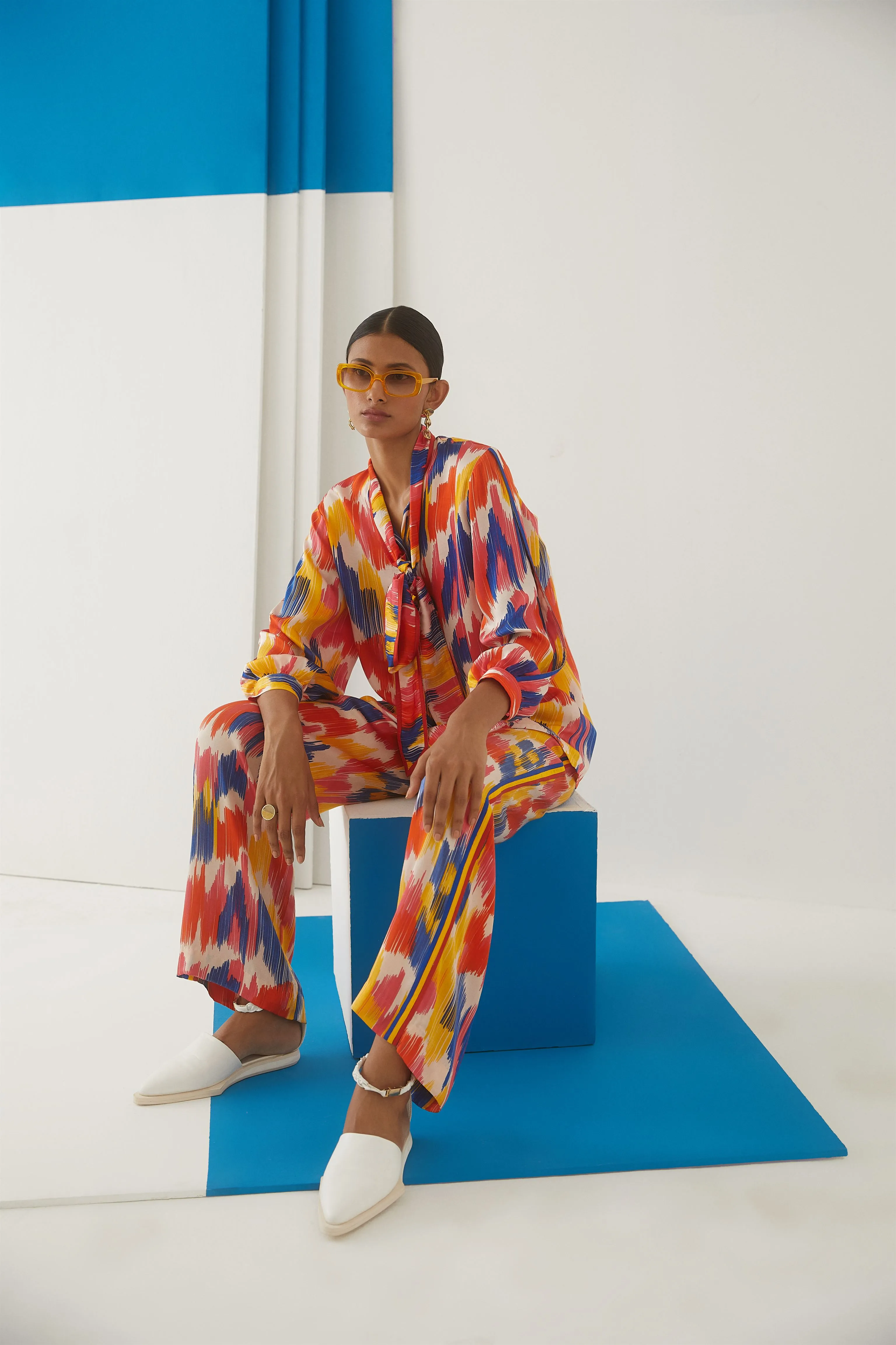 Studio Rigu Italyanskaya Ikat Shirt Front Knot Trousers Digital Print Vegan Silk Arcadia Collection