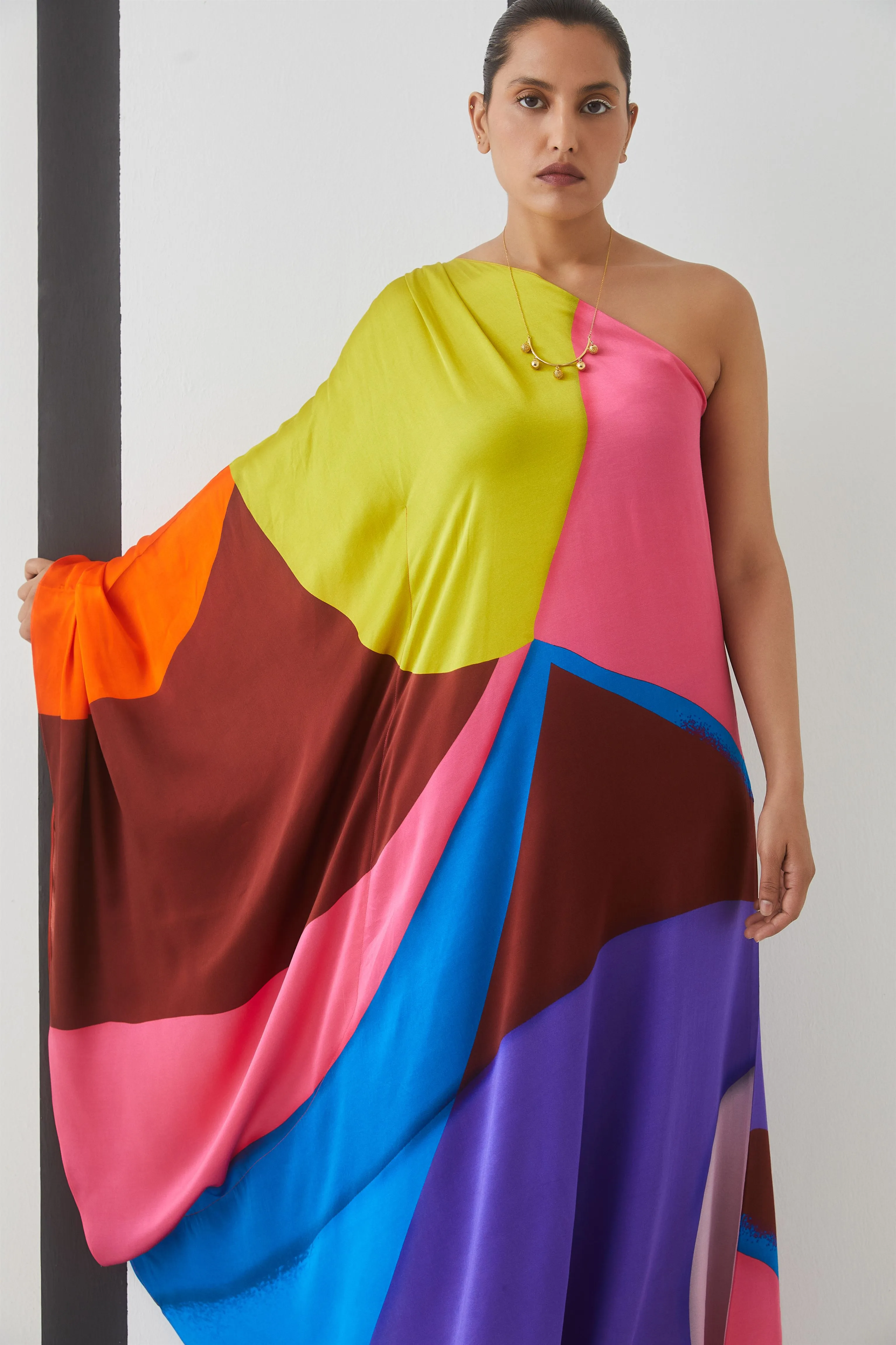Studio Rigu Kurortnyy Luna Pink Swirl One Shoulder Dress Digital Print Vegan Silk Arcadia Collection