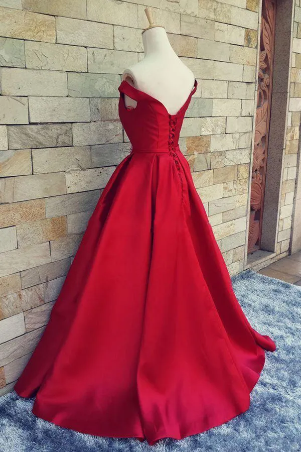 Stunning Off the Shoulder Sweep Train Red A-line Prom Dress with Bowknot LPD053