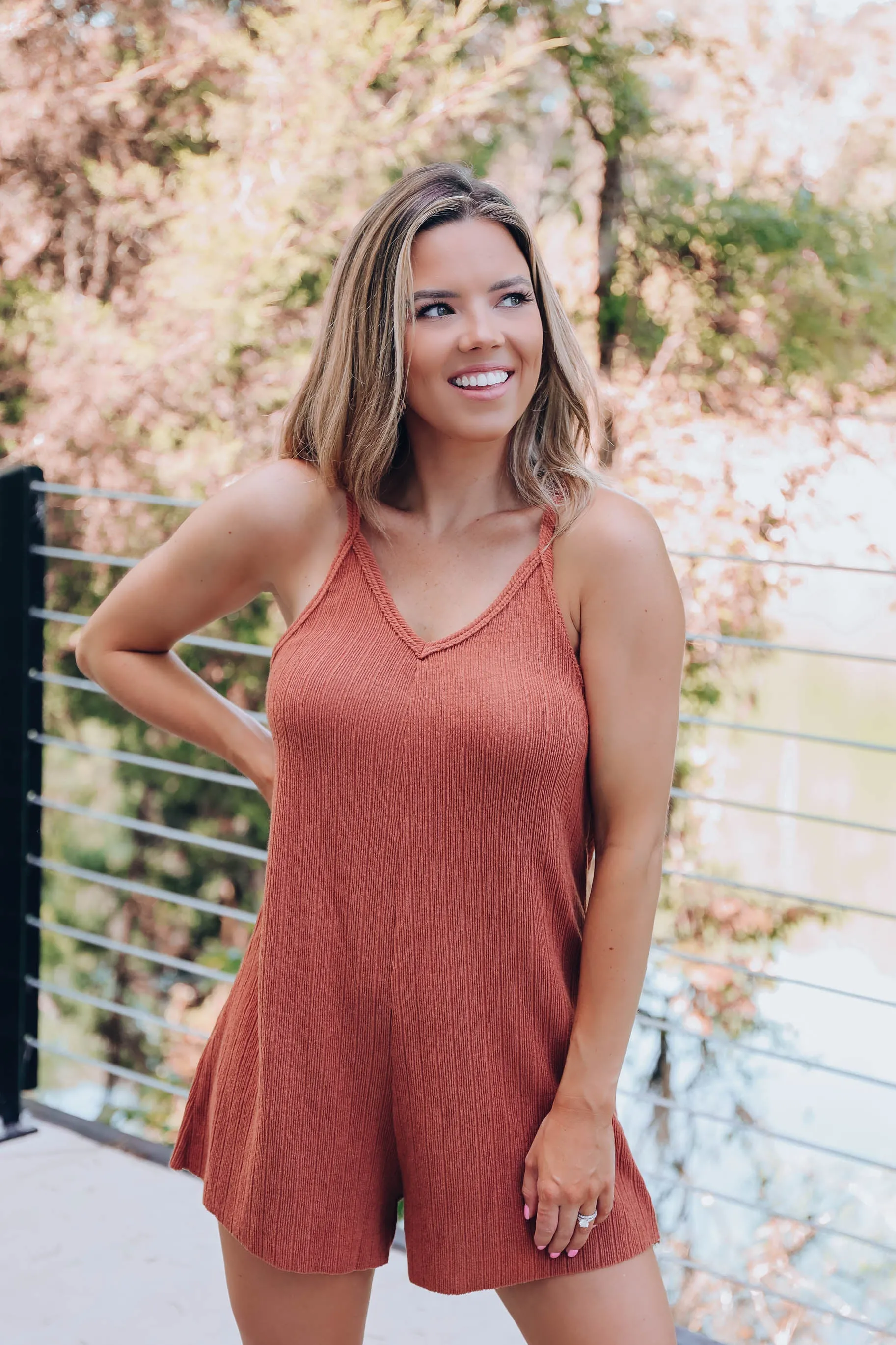 Sun Down Ribbed Knit Romper - Brown