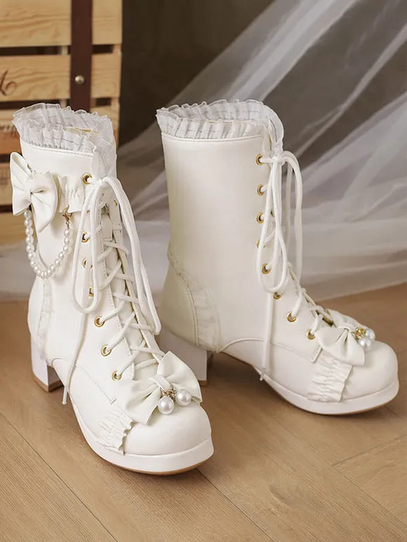 Sweet Lolita Boots PU Leather Ruffles Pearls Round Toe Black Lolita Footwear