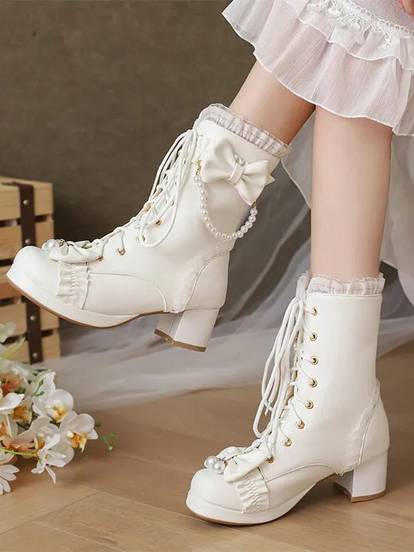 Sweet Lolita Boots PU Leather Ruffles Pearls Round Toe Black Lolita Footwear