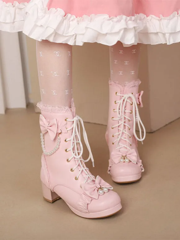 Sweet Lolita Boots PU Leather Ruffles Pearls Round Toe Black Lolita Footwear