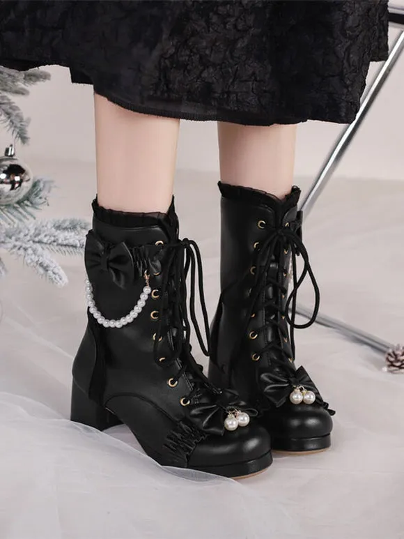 Sweet Lolita Boots PU Leather Ruffles Pearls Round Toe Black Lolita Footwear