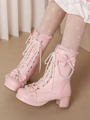 Sweet Lolita Boots PU Leather Ruffles Pearls Round Toe Black Lolita Footwear