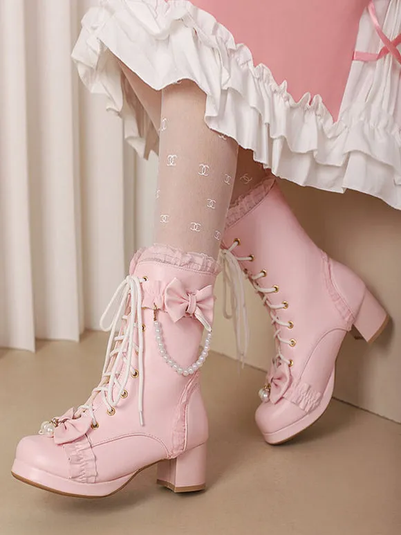 Sweet Lolita Boots PU Leather Ruffles Pearls Round Toe Black Lolita Footwear