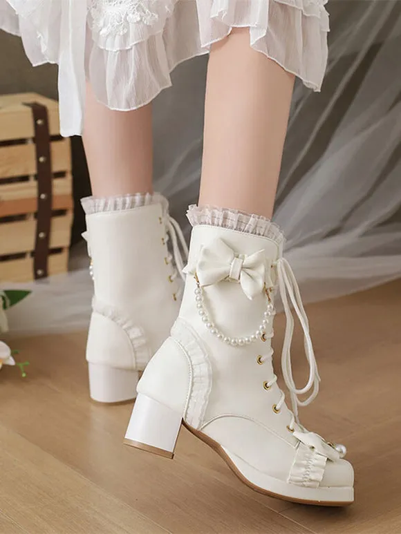 Sweet Lolita Boots PU Leather Ruffles Pearls Round Toe Black Lolita Footwear