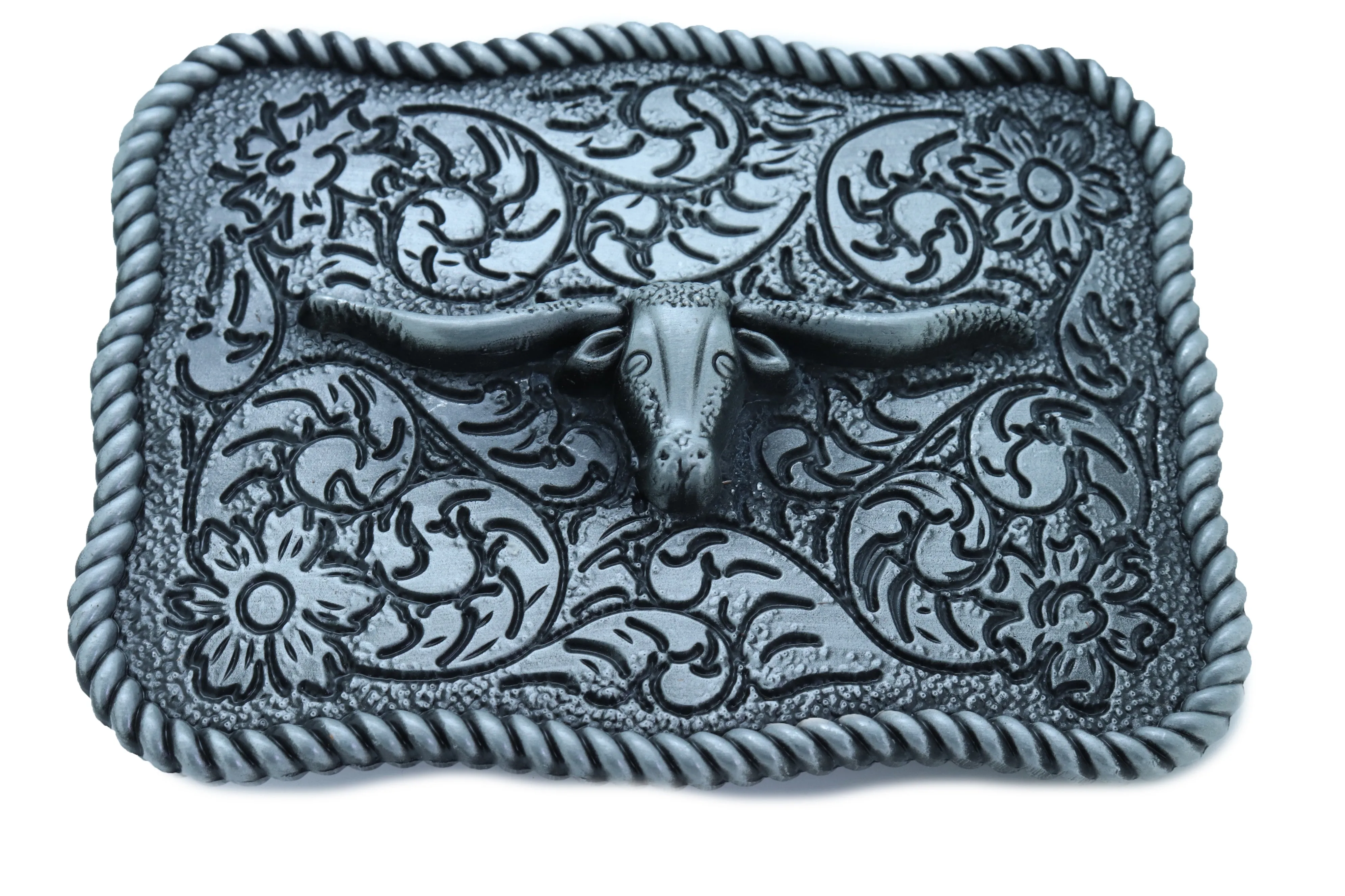 Texas Longhorn Filigree Background Silver Metal Belt Buckle